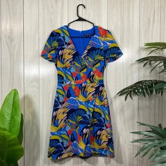 J. CREW • Mercantile Blue Tropical Palm Floral Faux Wrap Dress SIZE 4 EUC - Picture 8 of 9
